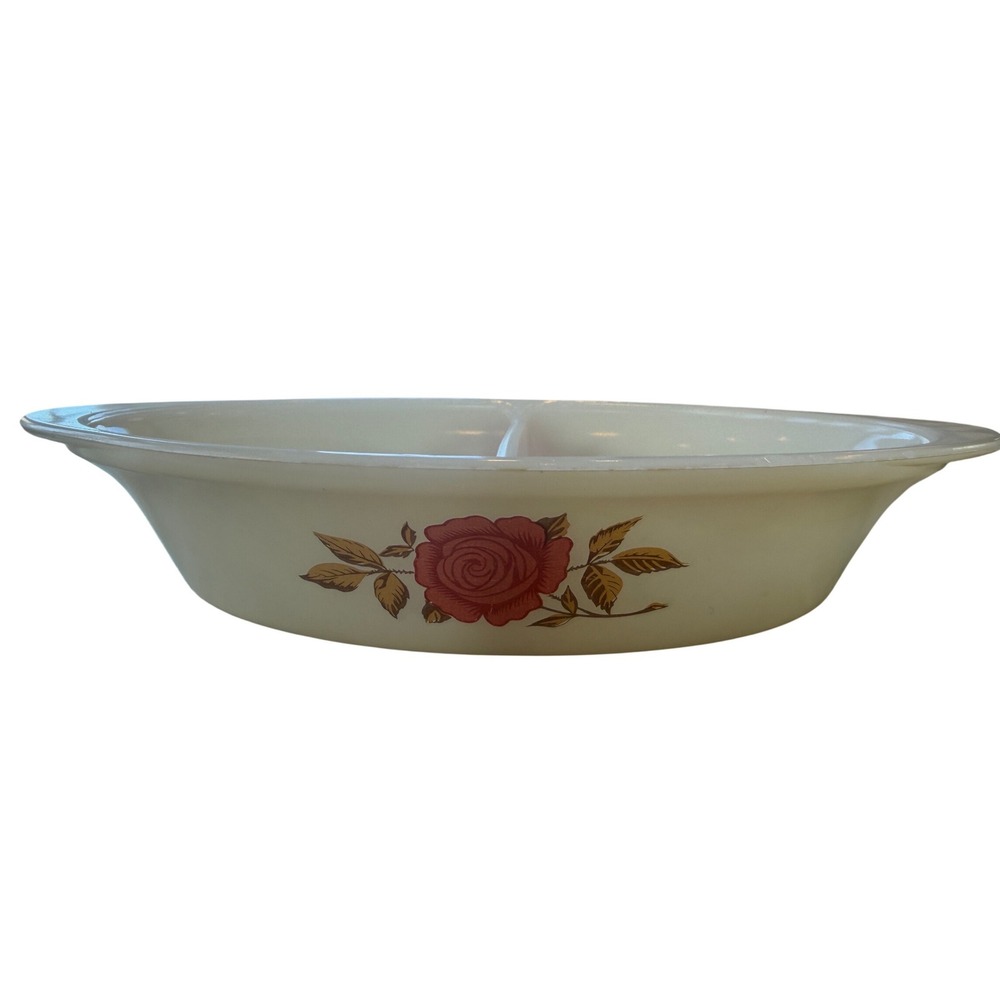 Vintage Glasbake J-239 Divided Serving Dish Red Rose Milk Glass Oval Casserole